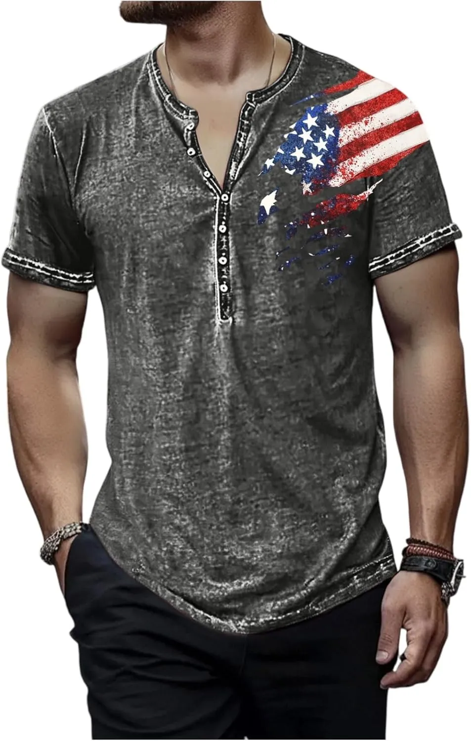 Mens Cotton Henley Shirts Short Sleeve Casual Muscle Gym Slim Fit T-Shirts Summer Button Mens Patriotic Shirts