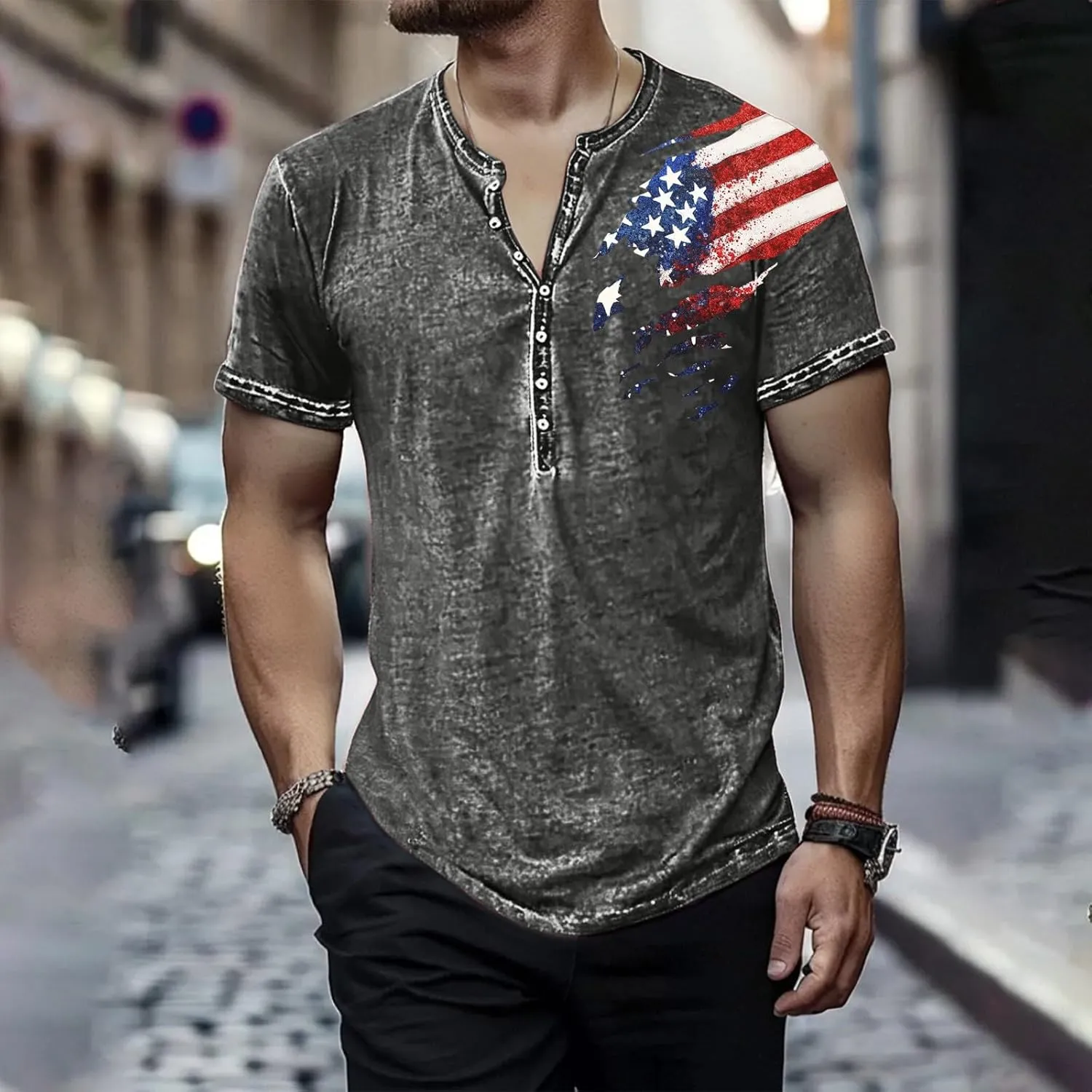 Mens Cotton Henley Shirts Short Sleeve Casual Muscle Gym Slim Fit T-Shirts Summer Button Mens Patriotic Shirts