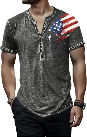 Mens Cotton Henley Shirts Short Sleeve Casual Muscle Gym Slim Fit T-Shirts Summer Button Mens Patriotic Shirts