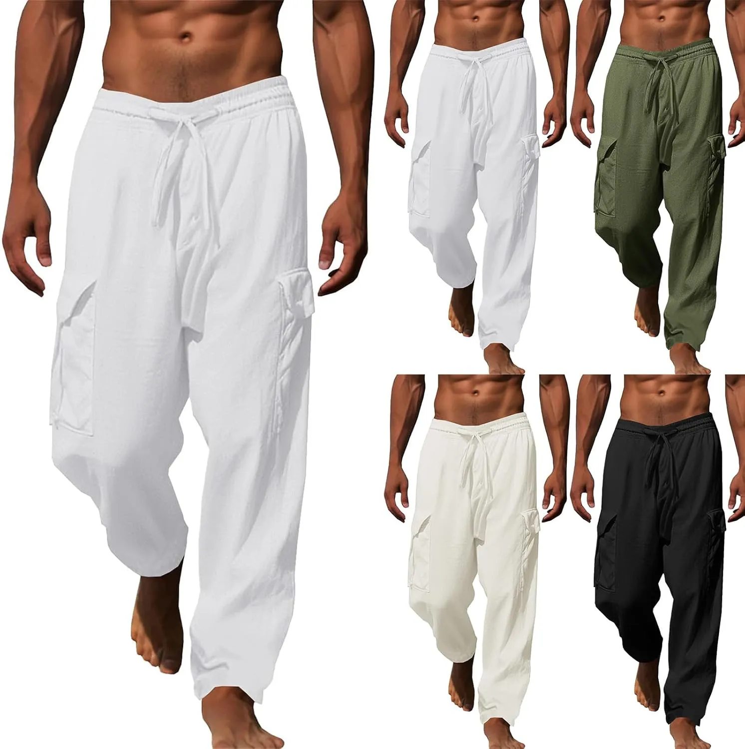 Mens Cotton Linen Drawstring Pants Solid Color Multi-Pocket Elastic Waist Casual Jogger Yoga Trousers