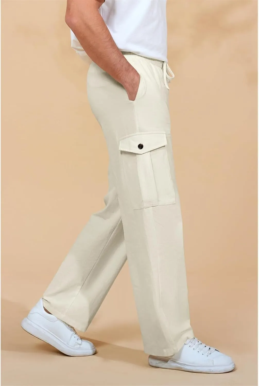 Mens Cotton Linen Drawstring Pants Solid Color Multi-Pocket Elastic Waist Casual Jogger Yoga Trousers