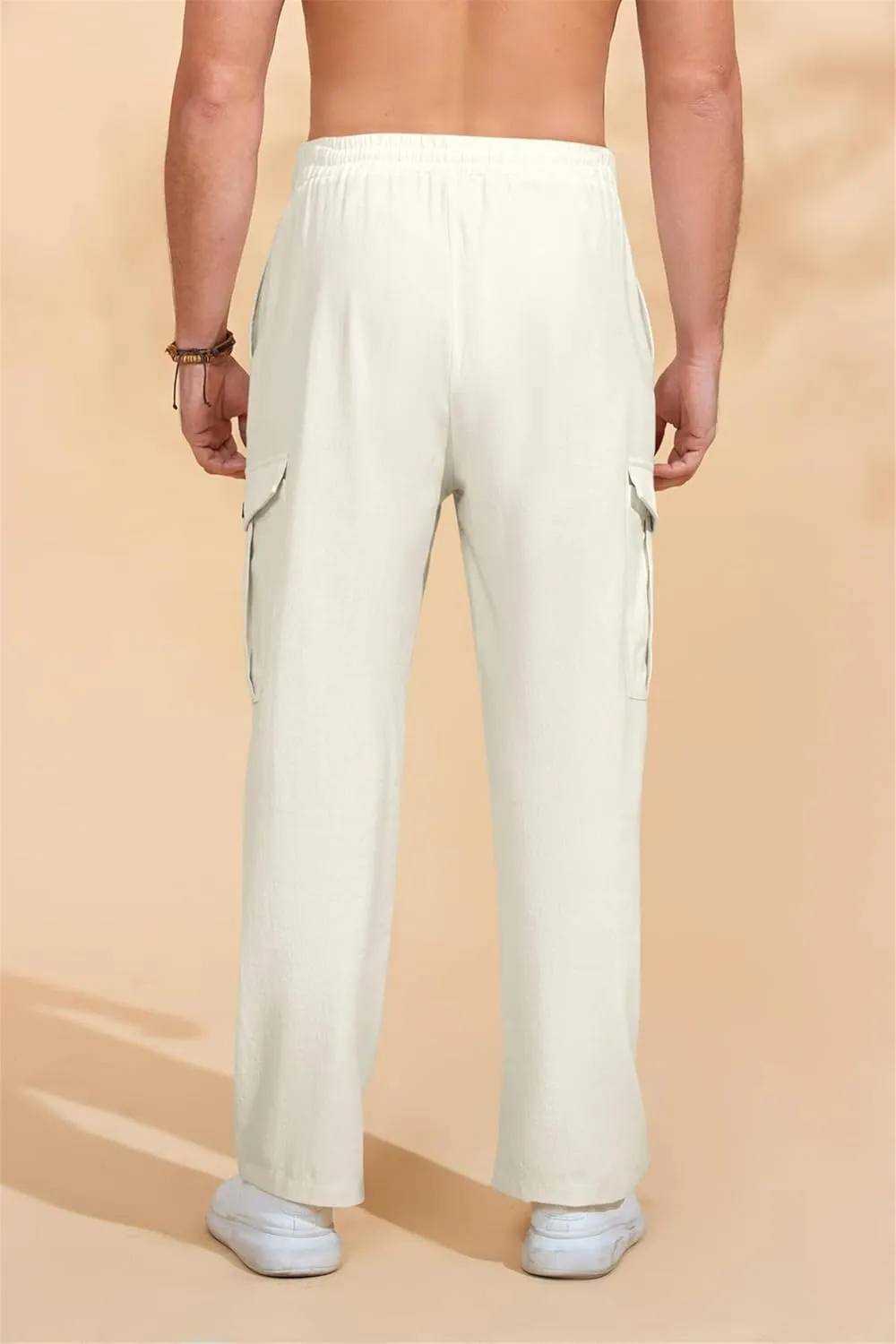 Mens Cotton Linen Drawstring Pants Solid Color Multi-Pocket Elastic Waist Casual Jogger Yoga Trousers