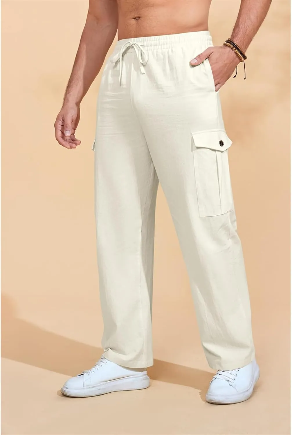 Mens Cotton Linen Drawstring Pants Solid Color Multi-Pocket Elastic Waist Casual Jogger Yoga Trousers
