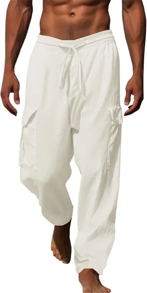 Mens Cotton Linen Drawstring Pants Solid Color Multi-Pocket Elastic Waist Casual Jogger Yoga Trousers