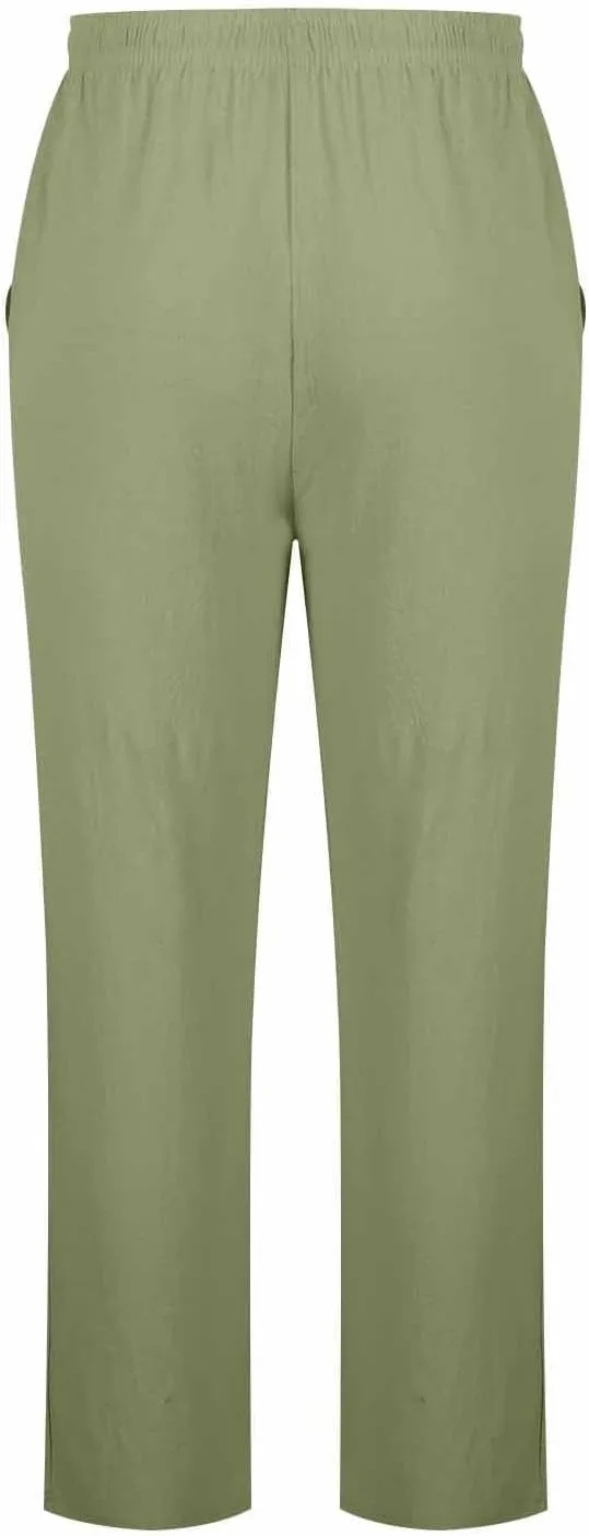 Mens Cotton Linen Joggers Sweatpants Casual Drawstring Elastic Waist Pant Baggy Quick Drying Workout Straight Trouser
