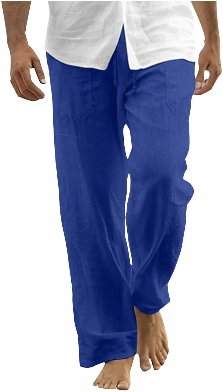 Mens Cotton Linen Joggers Sweatpants Casual Drawstring Elastic Waist Pant Baggy Quick Drying Workout Straight Trouser