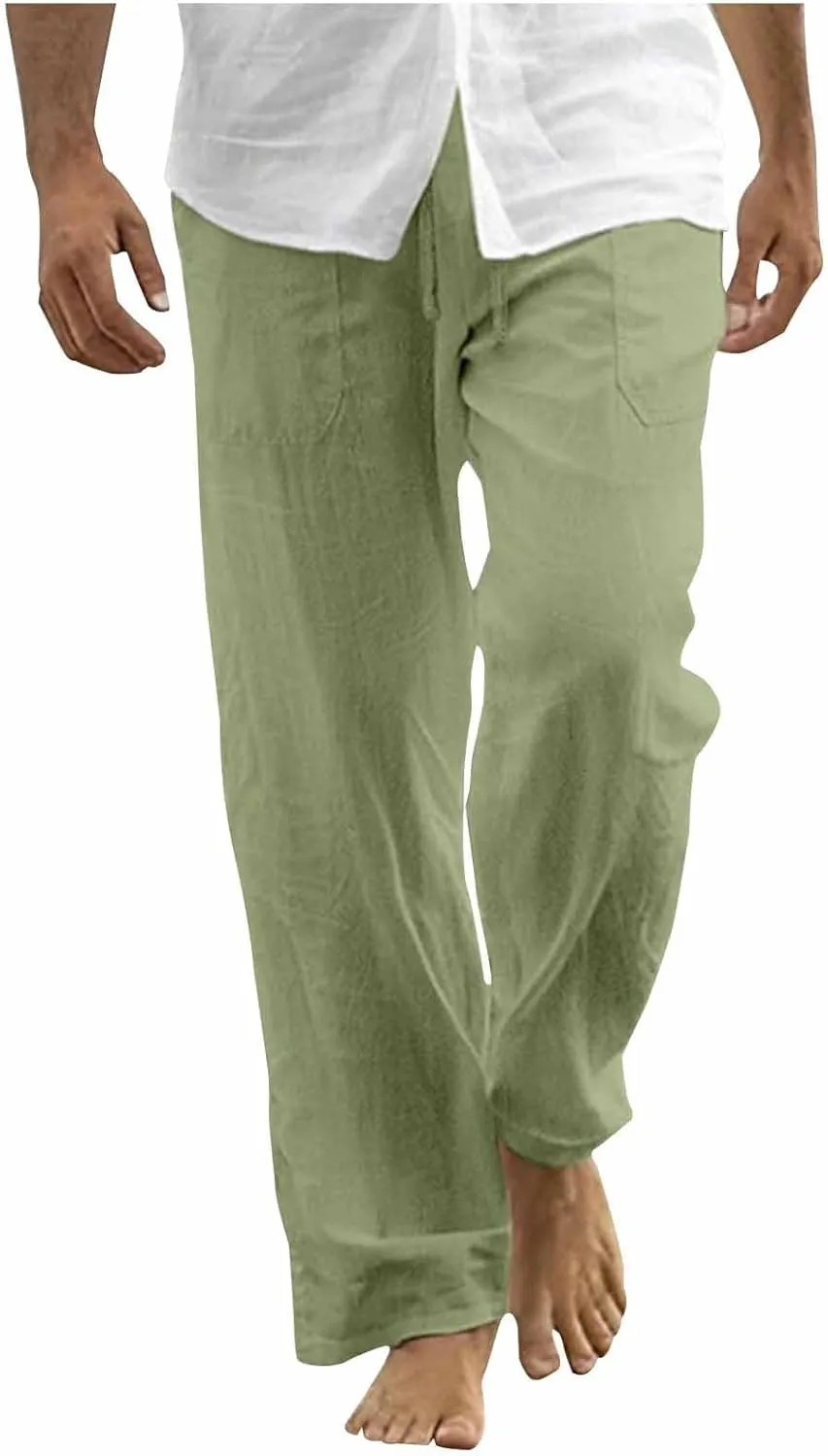 Mens Cotton Linen Joggers Sweatpants Casual Drawstring Elastic Waist Pant Baggy Quick Drying Workout Straight Trouser