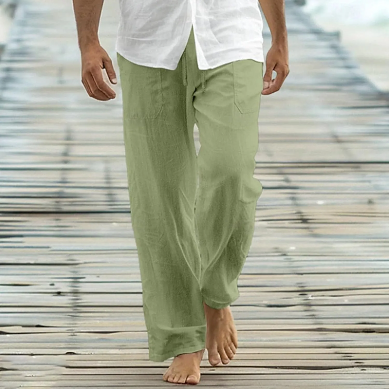 Mens Cotton Linen Joggers Sweatpants Casual Drawstring Elastic Waist Pant Baggy Quick Drying Workout Straight Trouser