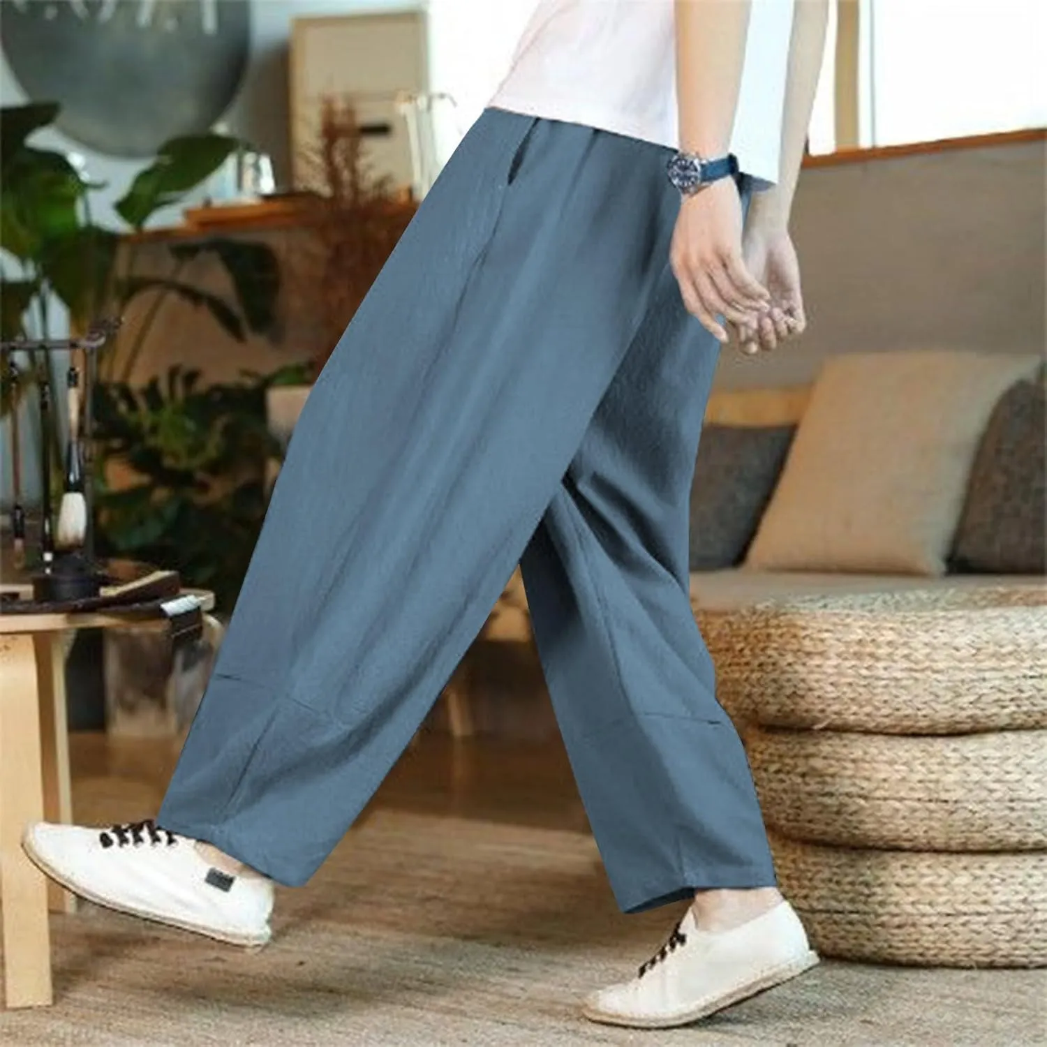 Mens Cotton Linen Pants Casual Classic Elastic Waist Beach Yoga Pants Summer Lightweight Dress Trouser with Pockets