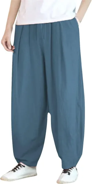 Mens Cotton Linen Pants Casual Classic Elastic Waist Beach Yoga Pants Summer Lightweight Dress Trouser with Pockets