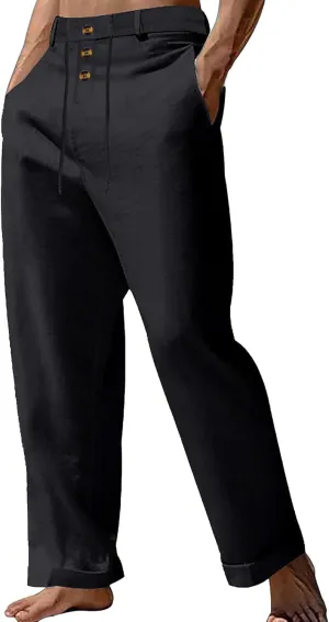Mens Cotton Linen Pants Casual Elastic Waist Summer Beach Pants Lightweight Breathable Yoga Vacation Dress Trousers