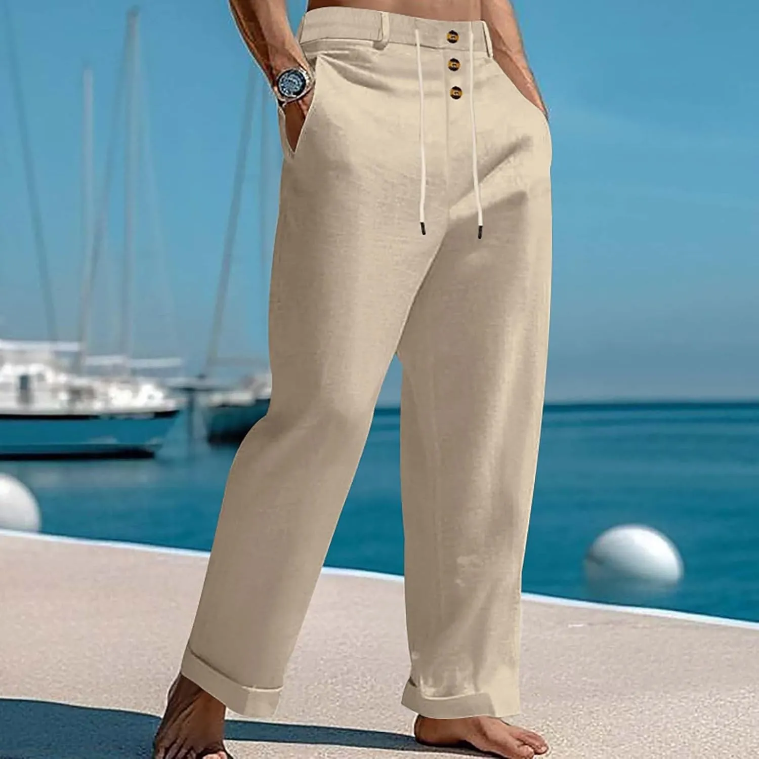 Mens Cotton Linen Pants Casual Elastic Waist Summer Beach Pants Lightweight Breathable Yoga Vacation Dress Trousers