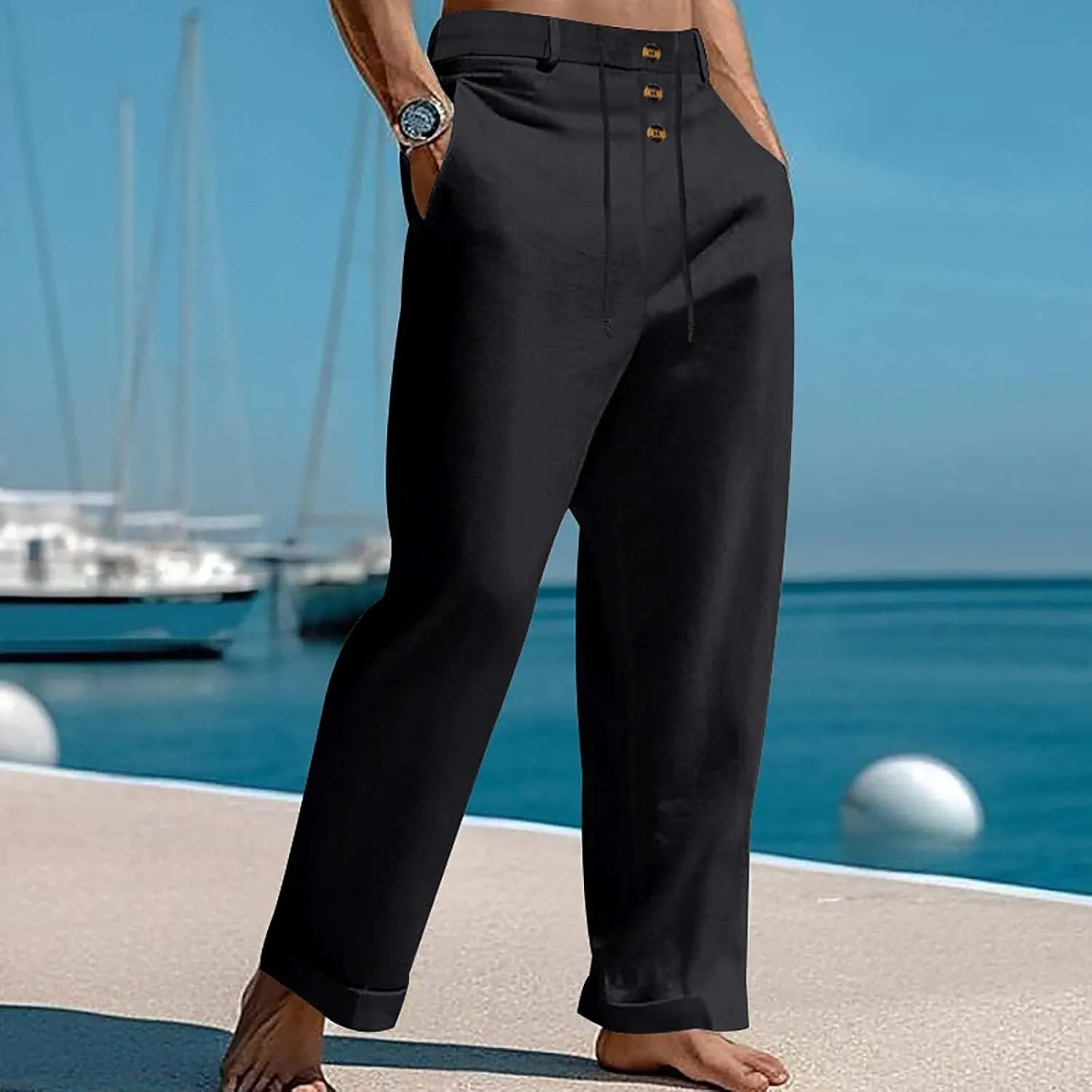 Mens Cotton Linen Pants Casual Elastic Waist Summer Beach Pants Lightweight Breathable Yoga Vacation Dress Trousers