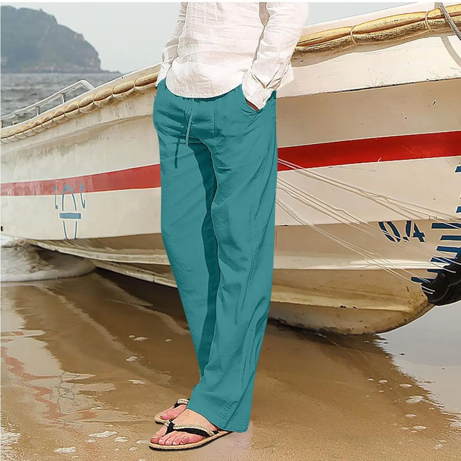 Men's Cotton Linen Pants Drawstring Joggers Yoga Pants Elastic Waist Lightweight Baggy Casual Beach Pants for Summer