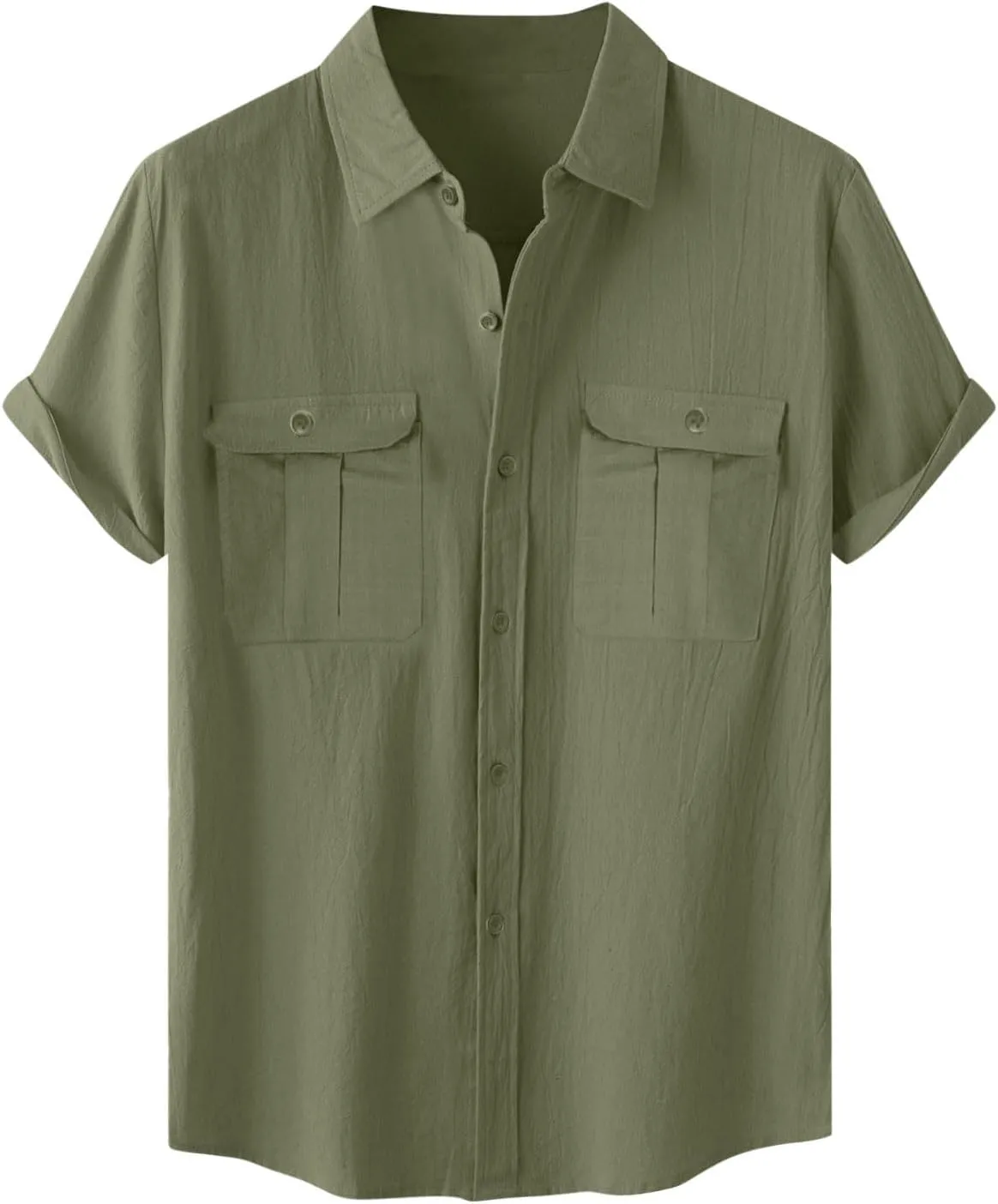 Mens Cotton Linen Shirts Button Down Casual Tshirt Textured Short Sleeve Shirts Summer Beach Outdoor Tee with Pockets