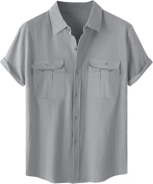 Mens Cotton Linen Shirts Button Down Casual Tshirt Textured Short Sleeve Shirts Summer Beach Outdoor Tee with Pockets