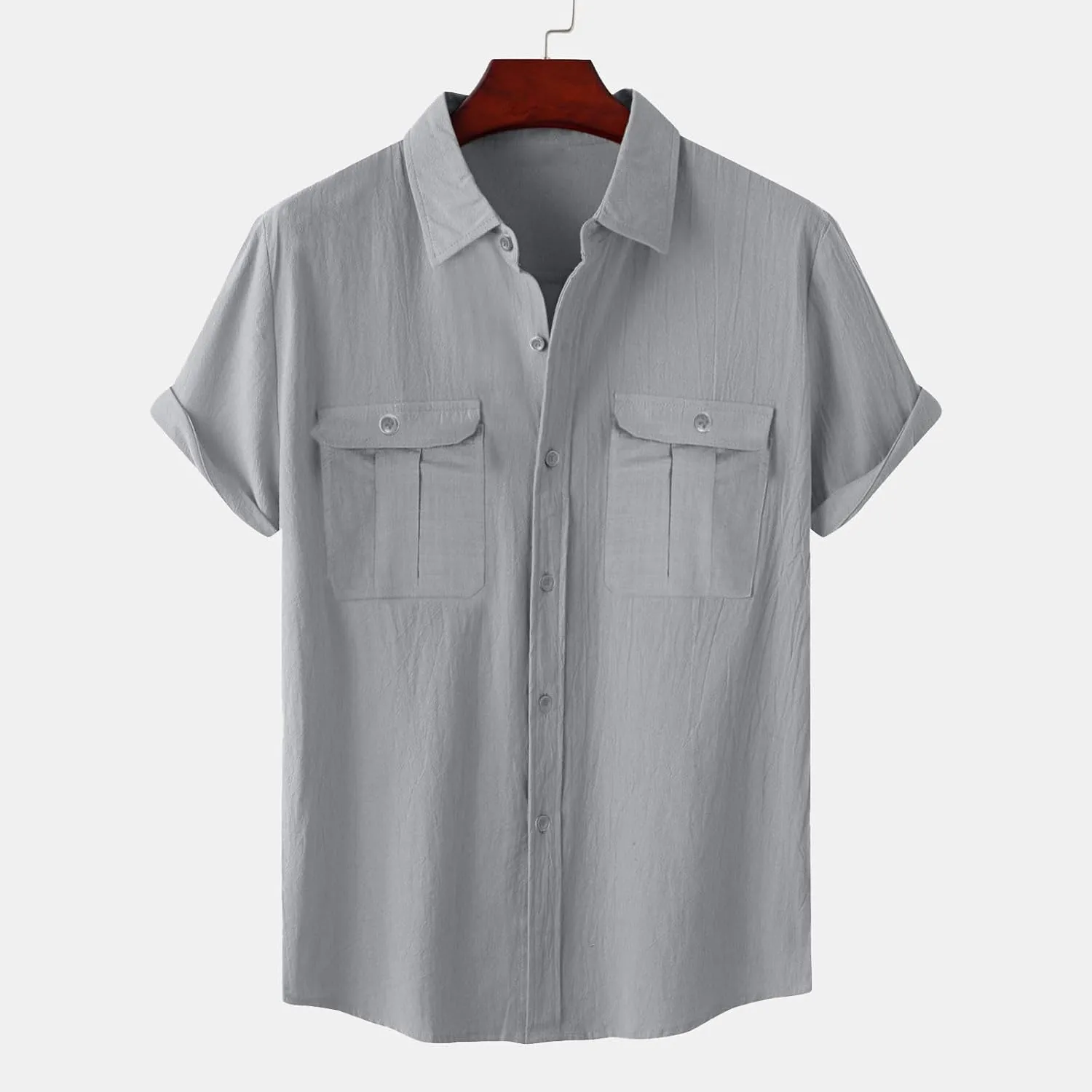 Mens Cotton Linen Shirts Button Down Casual Tshirt Textured Short Sleeve Shirts Summer Beach Outdoor Tee with Pockets
