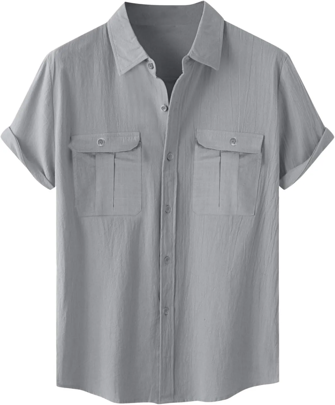 Mens Cotton Linen Shirts Button Down Casual Tshirt Textured Short Sleeve Shirts Summer Beach Outdoor Tee with Pockets