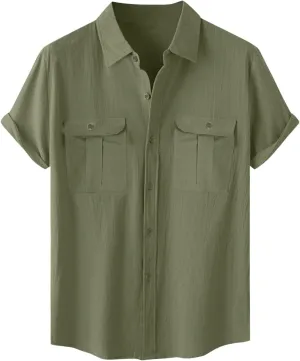Mens Cotton Linen Shirts Button Down Casual Tshirt Textured Short Sleeve Shirts Summer Beach Outdoor Tee with Pockets