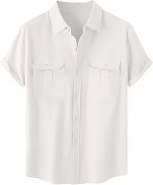 Mens Cotton Linen Shirts Button Down Casual Tshirt Textured Short Sleeve Shirts Summer Beach Outdoor Tee with Pockets