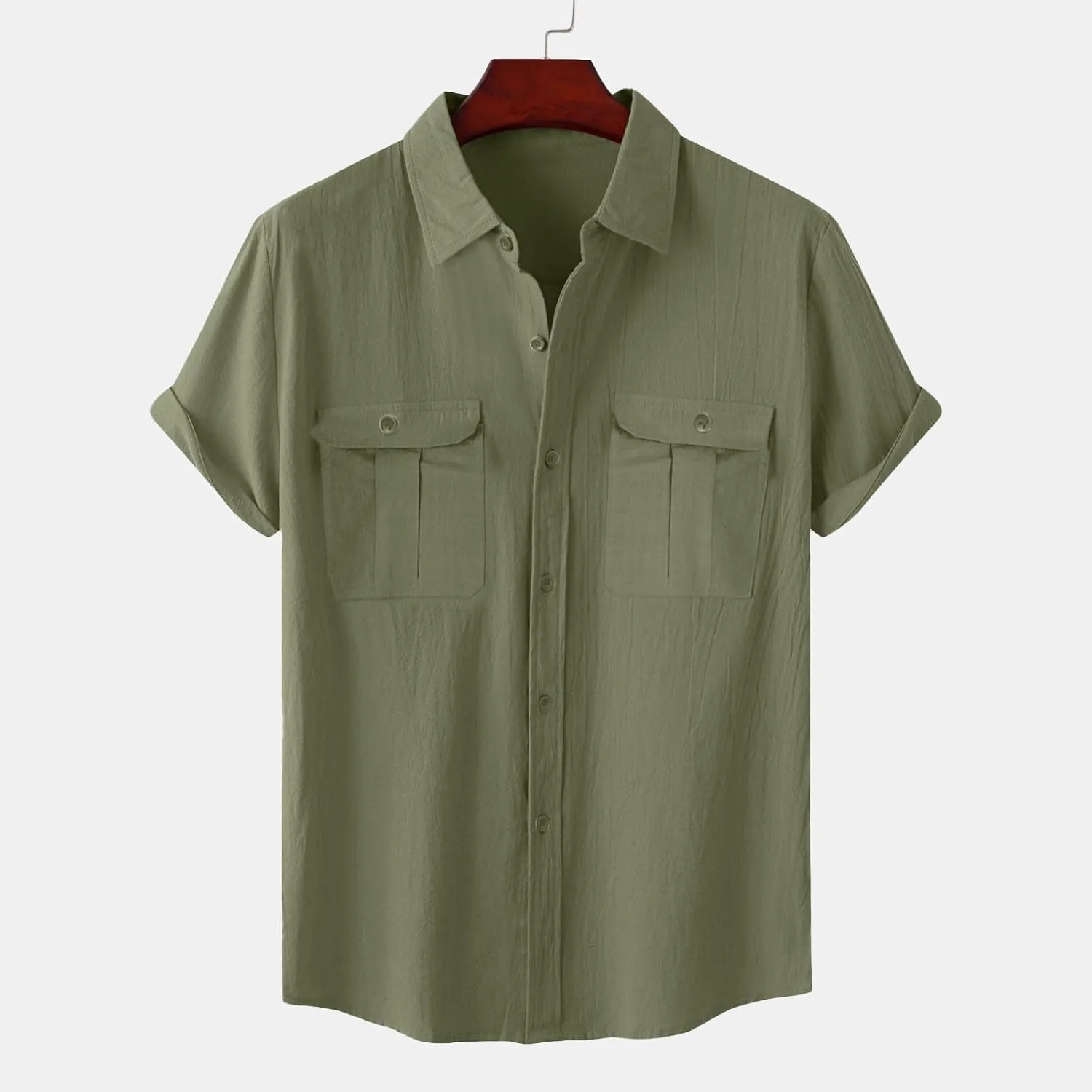 Mens Cotton Linen Shirts Button Down Casual Tshirt Textured Short Sleeve Shirts Summer Beach Outdoor Tee with Pockets