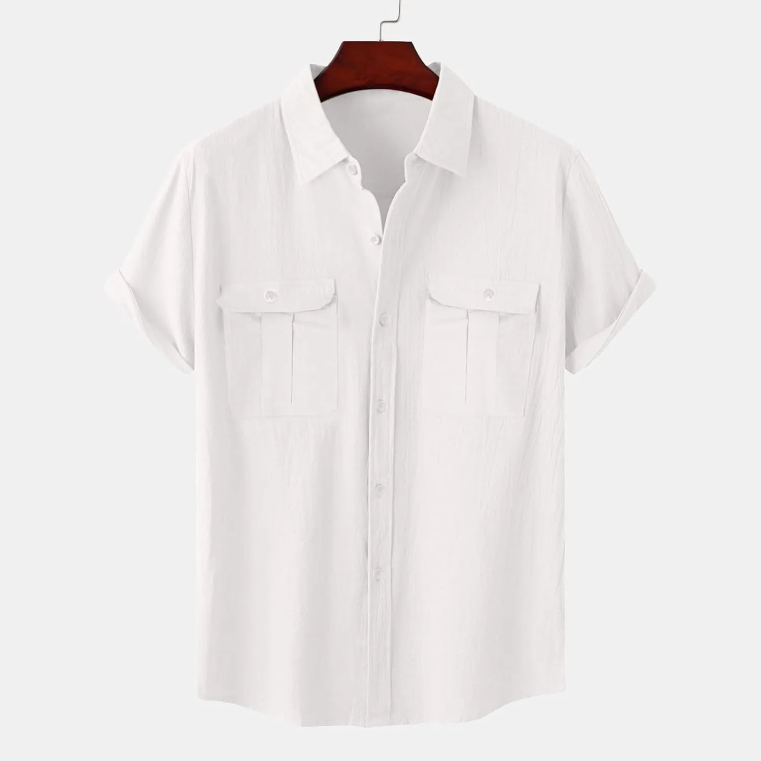 Mens Cotton Linen Shirts Button Down Casual Tshirt Textured Short Sleeve Shirts Summer Beach Outdoor Tee with Pockets