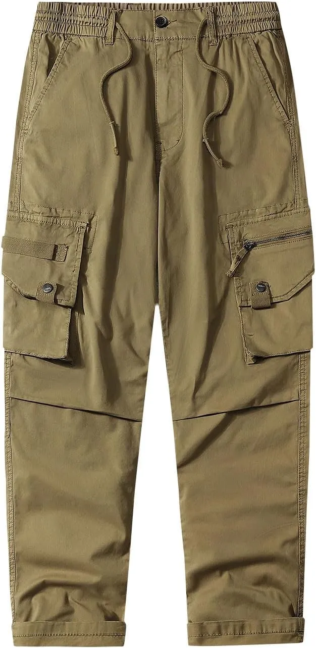 Men's Cotton Pants Casual Cargo Pants with Multi Pocket Drawstring Hiking Pants Outdoor Joggers Fishing Trouser