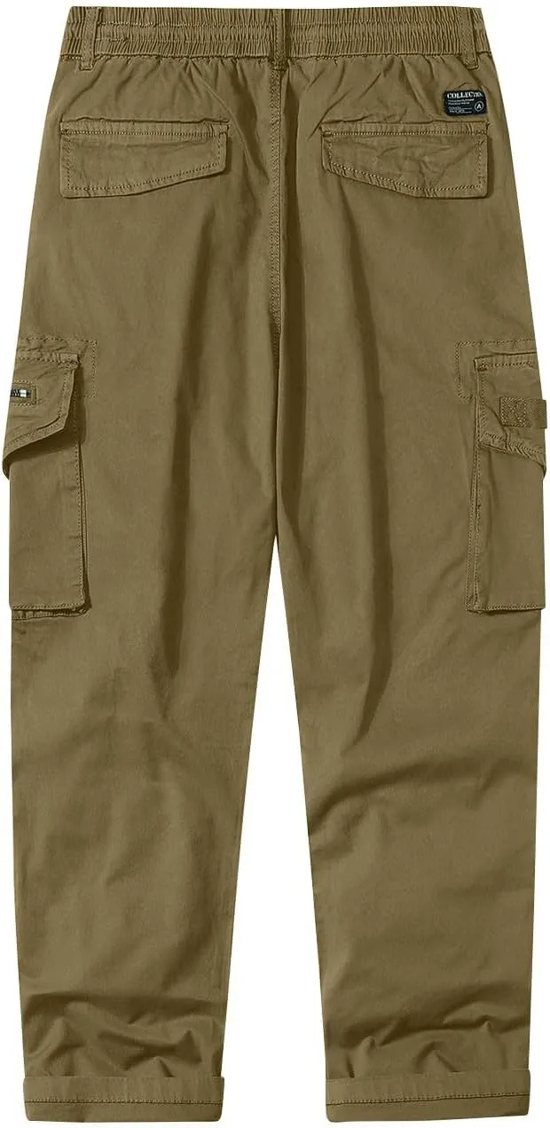 Men's Cotton Pants Casual Cargo Pants with Multi Pocket Drawstring Hiking Pants Outdoor Joggers Fishing Trouser