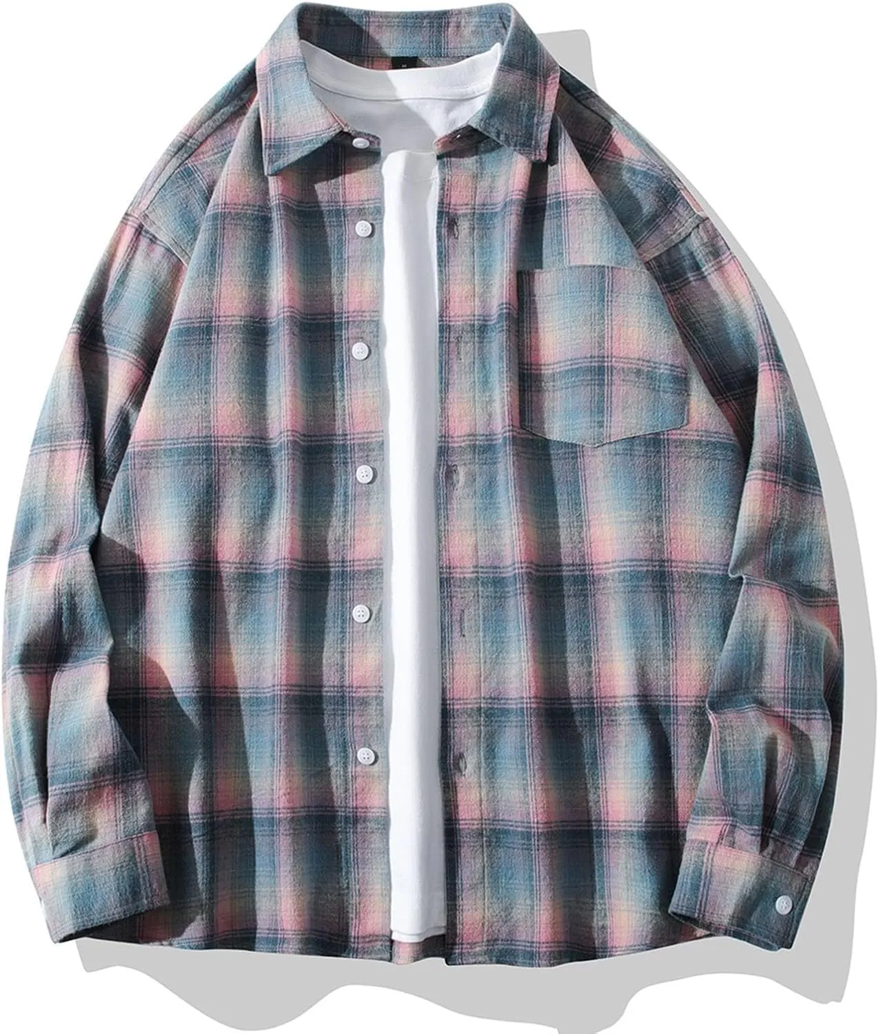 Men's Cotton Plaid Shirt Casual Lapel Button Down Blouse Long Sleeve Checkered Lightweight Cardigan Jacket with Pocket