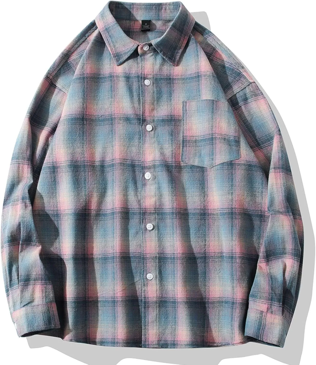 Men's Cotton Plaid Shirt Casual Lapel Button Down Blouse Long Sleeve Checkered Lightweight Cardigan Jacket with Pocket