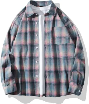 Men's Cotton Plaid Shirt Casual Lapel Button Down Blouse Long Sleeve Checkered Lightweight Cardigan Jacket with Pocket