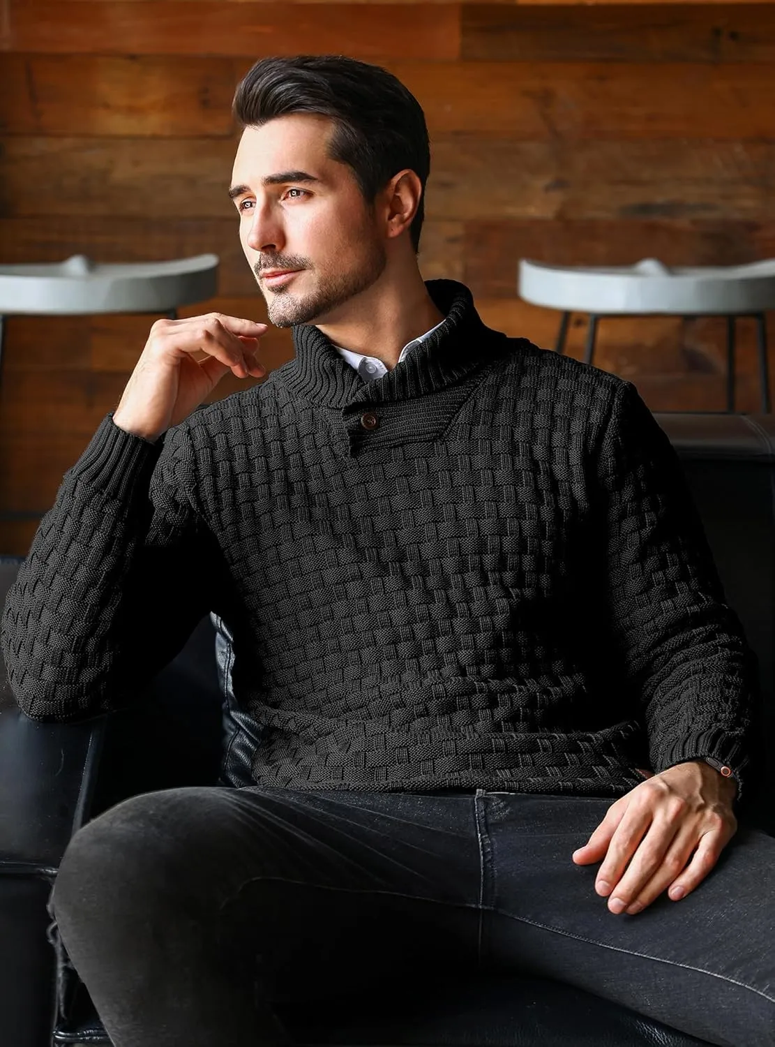 Mens Crewneck Long Sleeve Textured Ribbed Edge Pullover Sweaters Knitted Sweater Tops