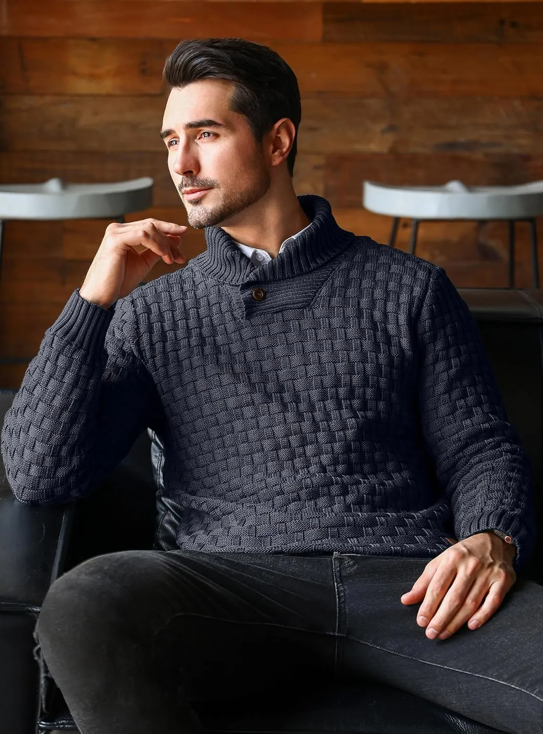 Mens Crewneck Long Sleeve Textured Ribbed Edge Pullover Sweaters Knitted Sweater Tops