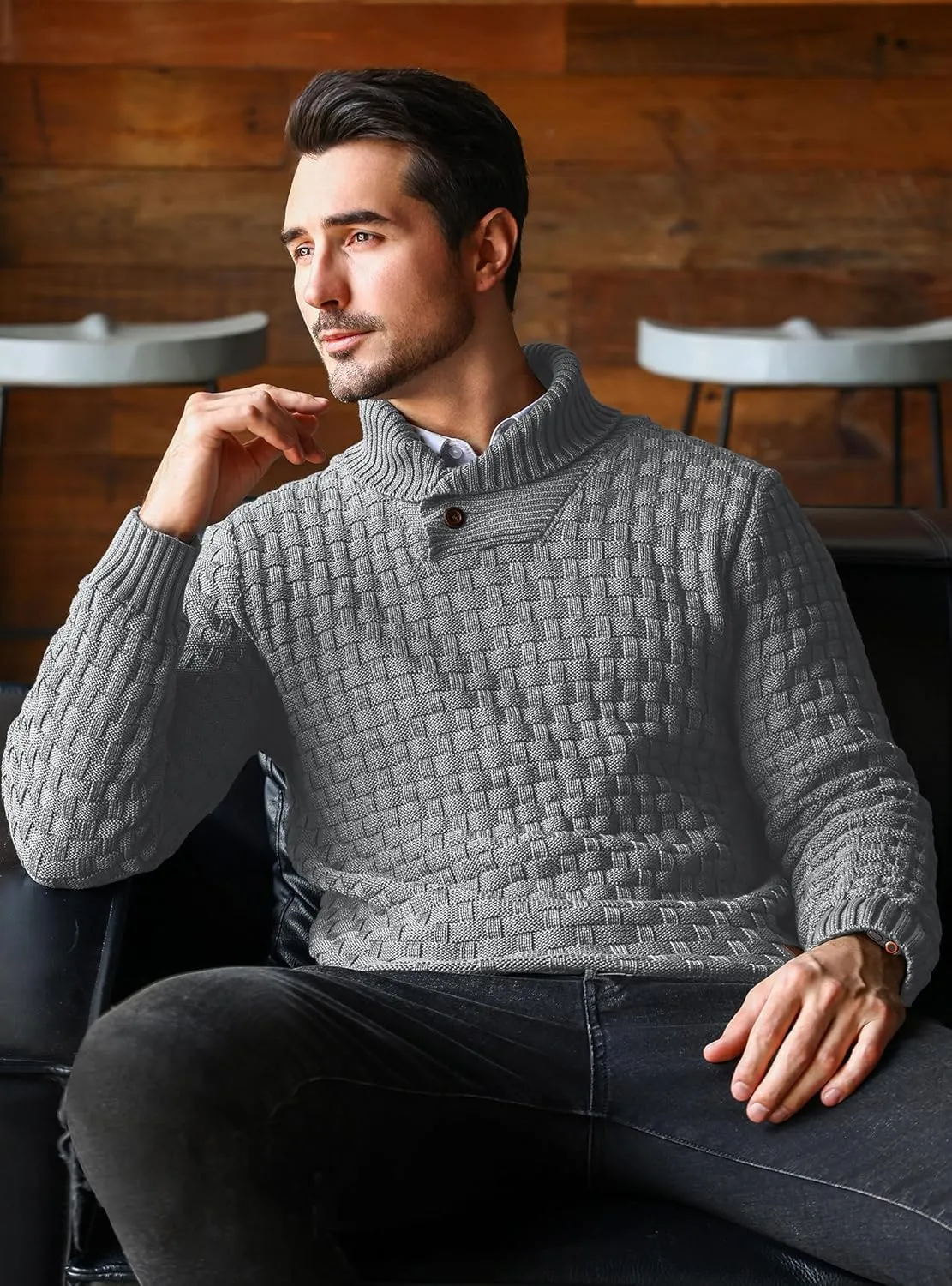Mens Crewneck Long Sleeve Textured Ribbed Edge Pullover Sweaters Knitted Sweater Tops