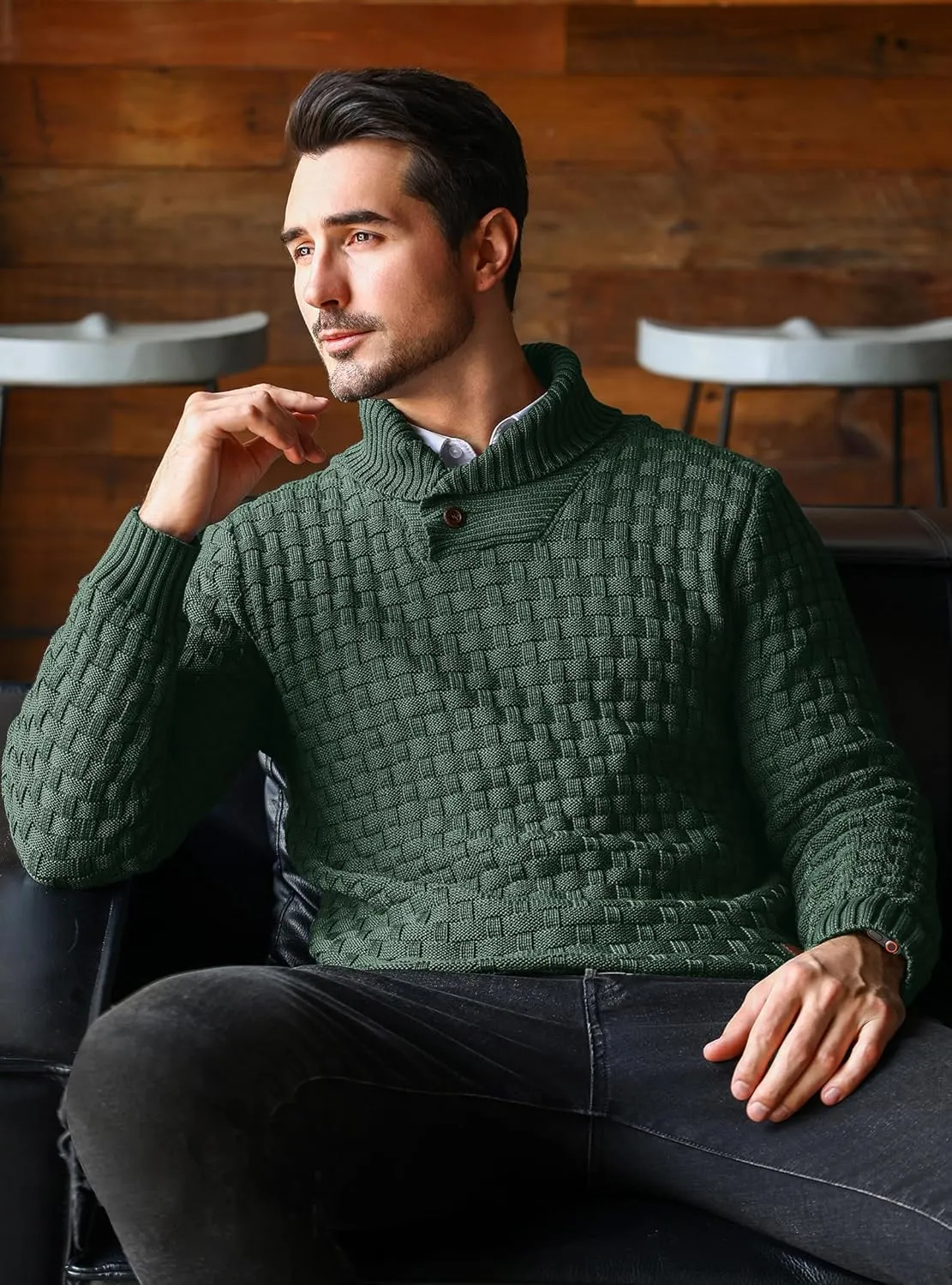Mens Crewneck Long Sleeve Textured Ribbed Edge Pullover Sweaters Knitted Sweater Tops