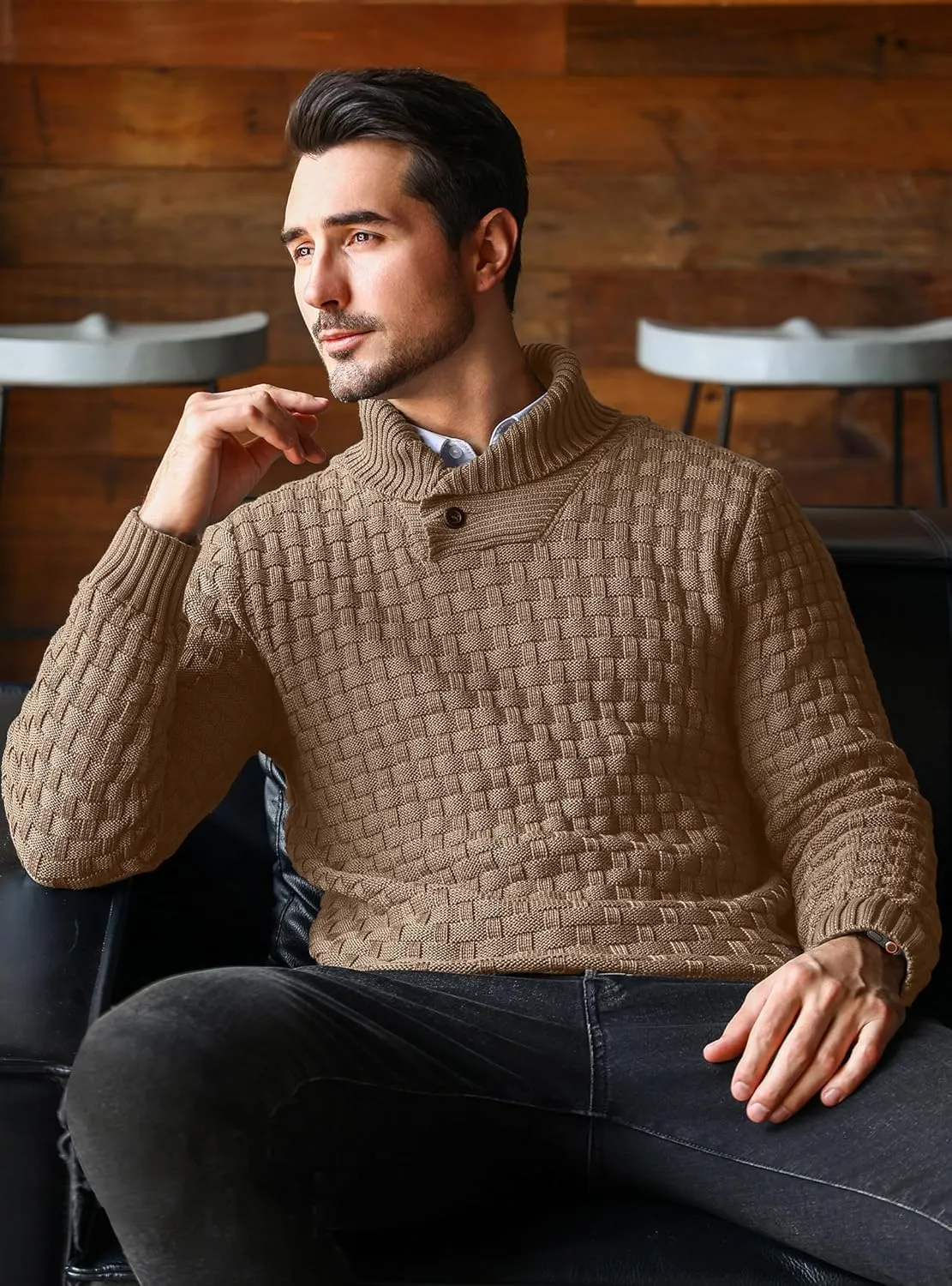 Mens Crewneck Long Sleeve Textured Ribbed Edge Pullover Sweaters Knitted Sweater Tops