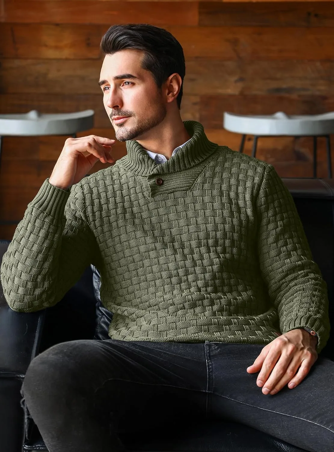 Mens Crewneck Long Sleeve Textured Ribbed Edge Pullover Sweaters Knitted Sweater Tops