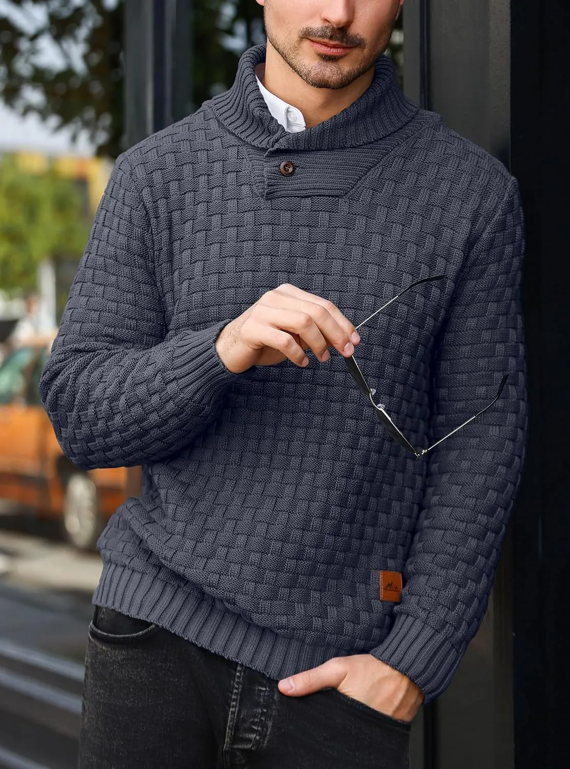 Mens Crewneck Long Sleeve Textured Ribbed Edge Pullover Sweaters Knitted Sweater Tops