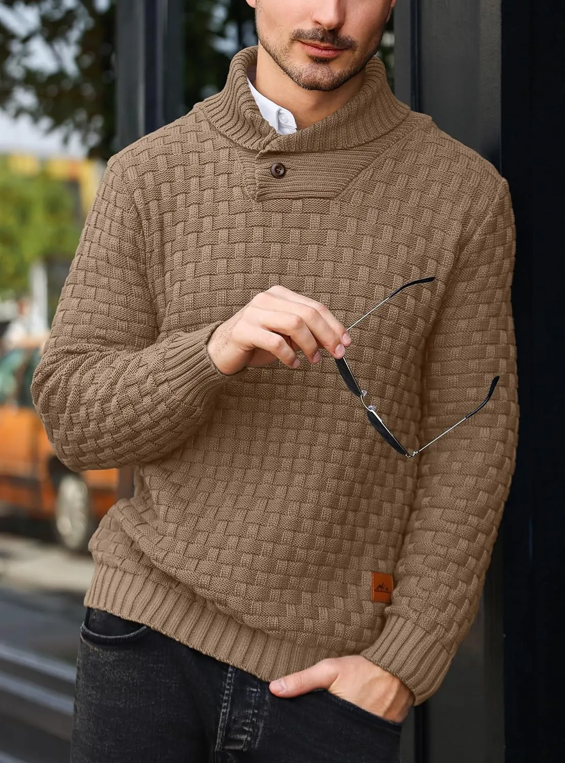 Mens Crewneck Long Sleeve Textured Ribbed Edge Pullover Sweaters Knitted Sweater Tops