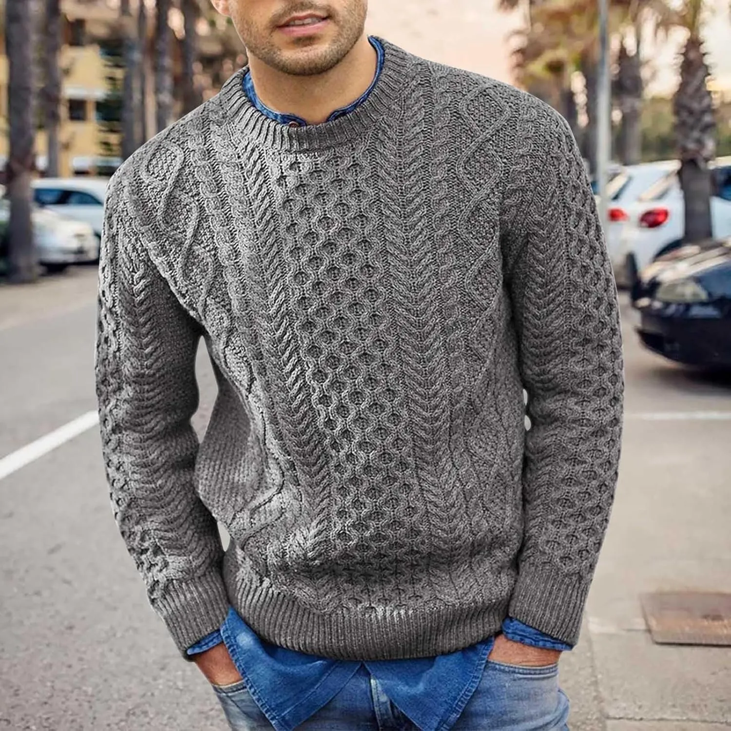 Men's Crewneck Pullover Sweater Chunky Cable Knit Sweater Classic Casual Sweaters Textured Sweater Tops