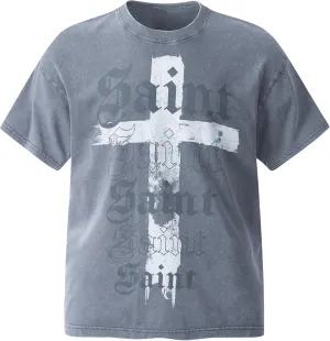 Men's Cross Pattern &Saint Letter Print T-Shirt Oversized Washed Cotton Casual Hip Hop Short Sleeve