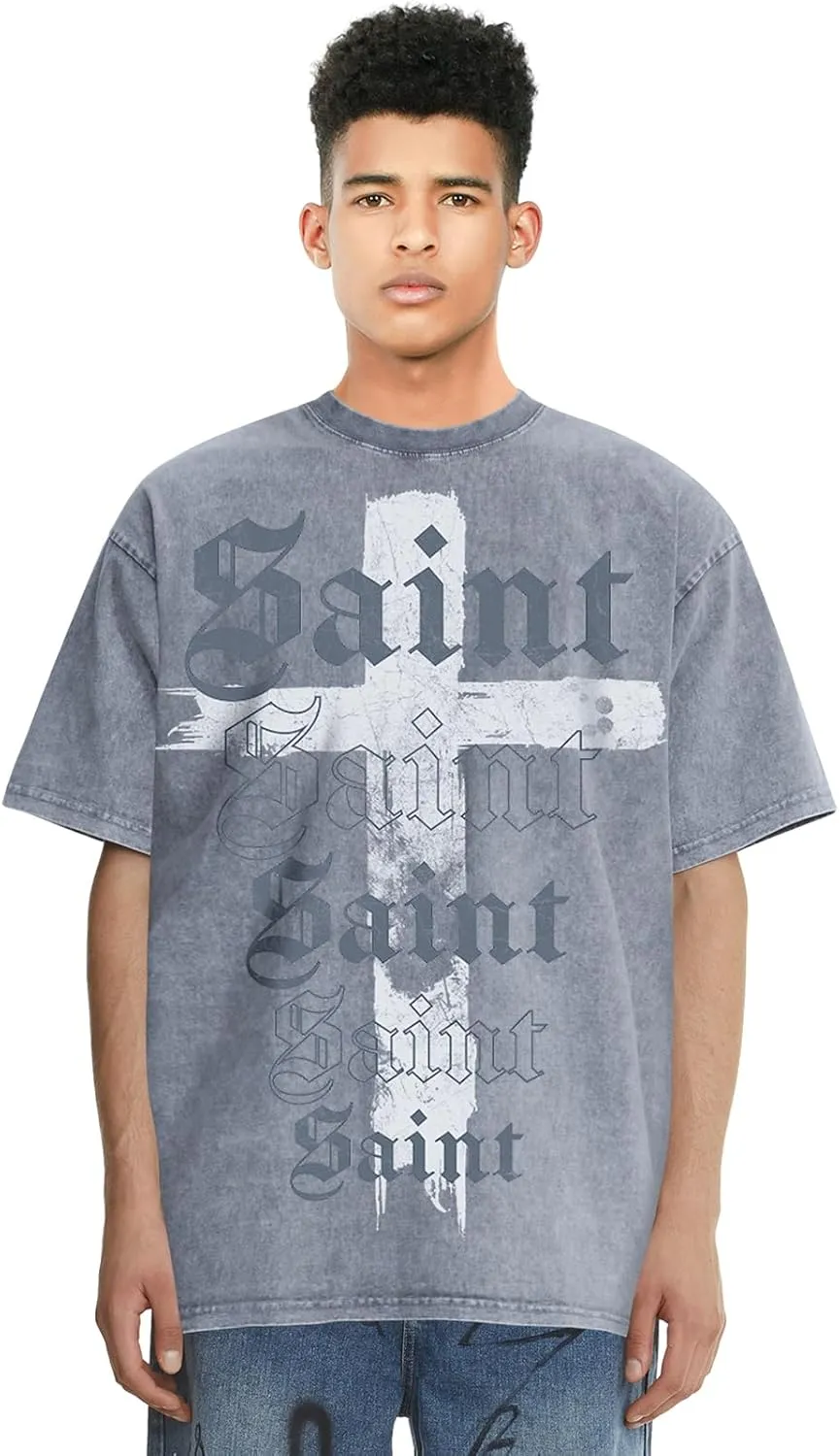 Men's Cross Pattern &Saint Letter Print T-Shirt Oversized Washed Cotton Casual Hip Hop Short Sleeve