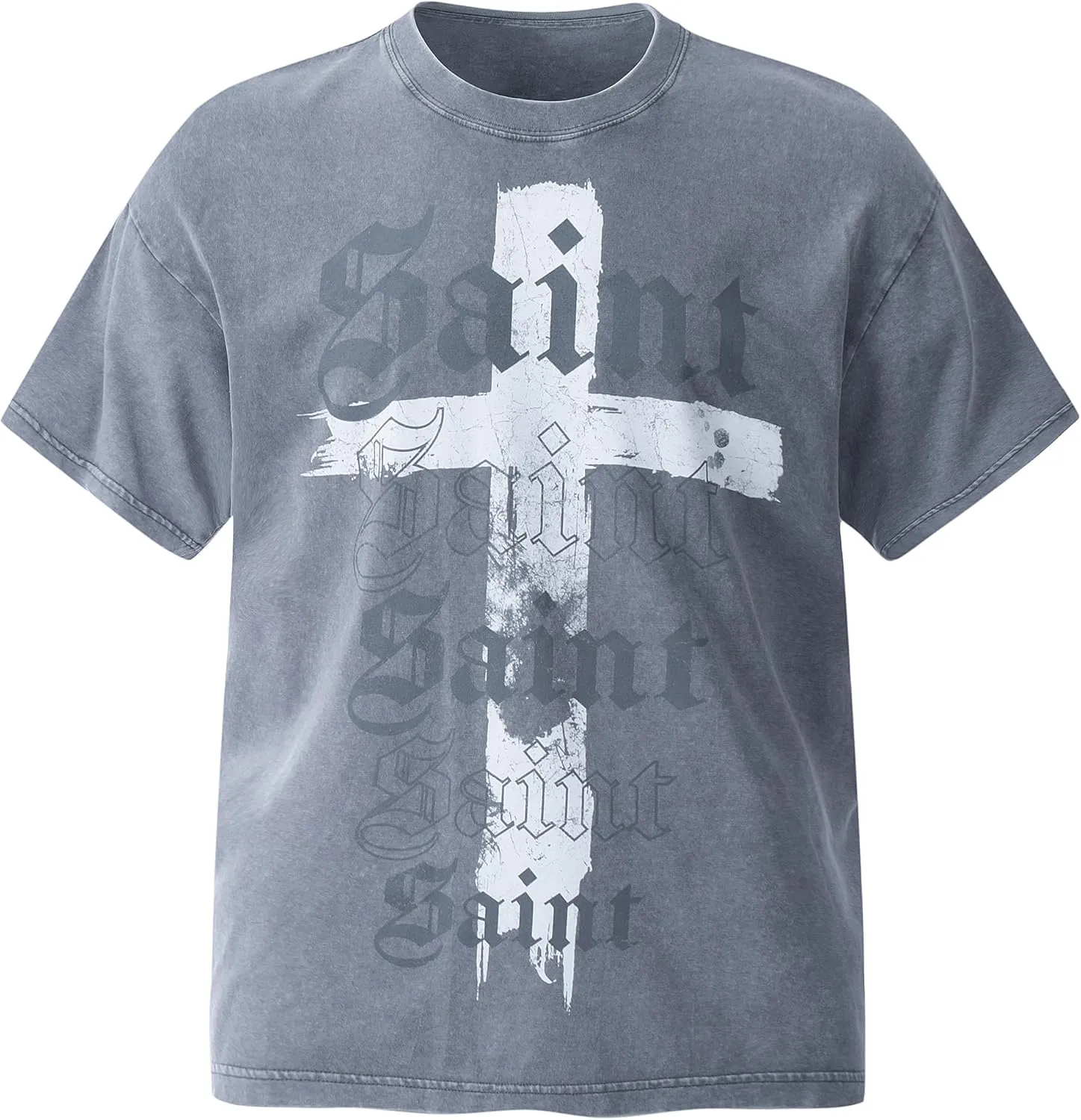 Men's Cross Pattern &Saint Letter Print T-Shirt Oversized Washed Cotton Casual Hip Hop Short Sleeve