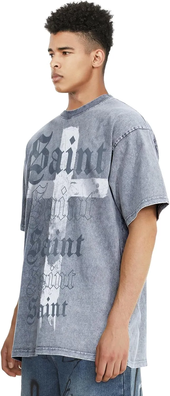 Men's Cross Pattern &Saint Letter Print T-Shirt Oversized Washed Cotton Casual Hip Hop Short Sleeve