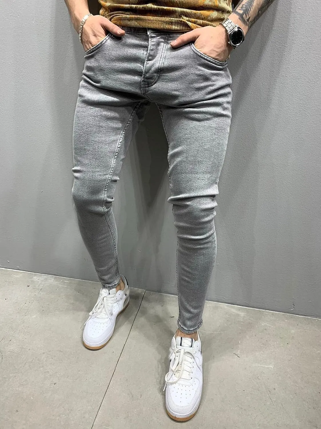 Mens Denim Jeans Slim Fit Stretch Casual Flat Front Classic Straight Essential Denim Jeans Pants with Small Feet