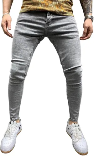 Mens Denim Jeans Slim Fit Stretch Casual Flat Front Classic Straight Essential Denim Jeans Pants with Small Feet