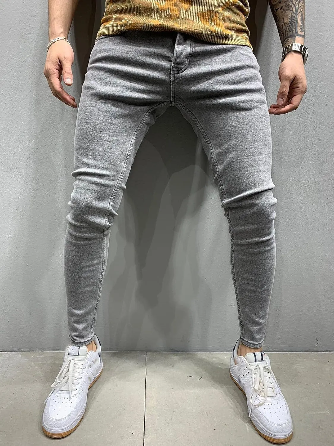 Mens Denim Jeans Slim Fit Stretch Casual Flat Front Classic Straight Essential Denim Jeans Pants with Small Feet