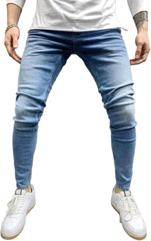 Mens Denim Jeans Slim Fit Stretch Casual Flat Front Classic Straight Essential Denim Jeans Pants with Small Feet