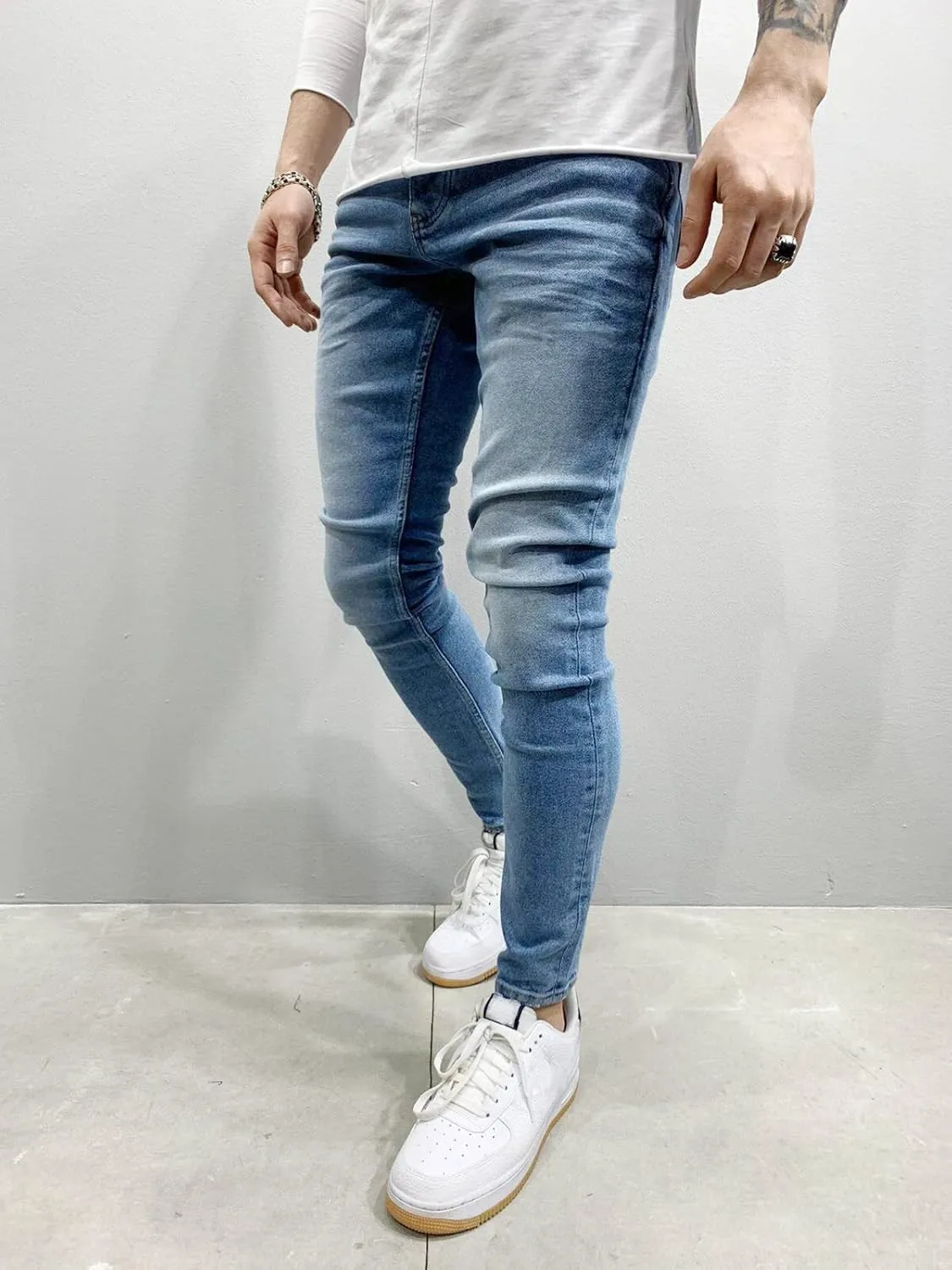 Mens Denim Jeans Slim Fit Stretch Casual Flat Front Classic Straight Essential Denim Jeans Pants with Small Feet