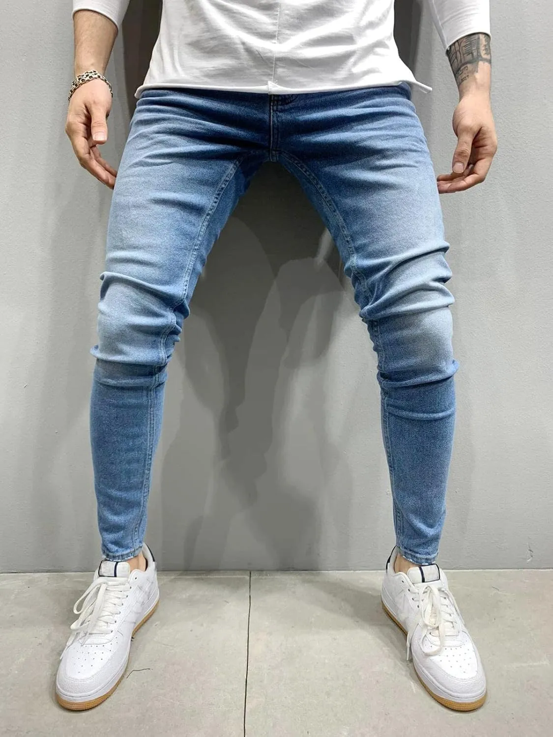 Mens Denim Jeans Slim Fit Stretch Casual Flat Front Classic Straight Essential Denim Jeans Pants with Small Feet